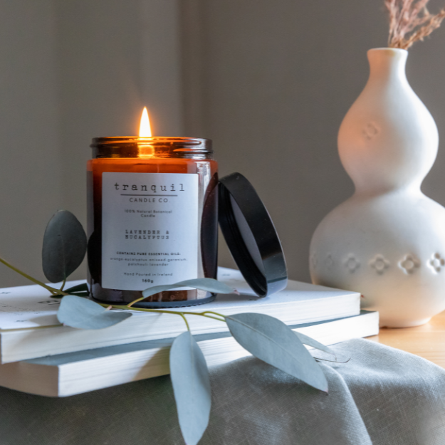 Amber Glass Candle in Box - Lavender & Eucalyptus