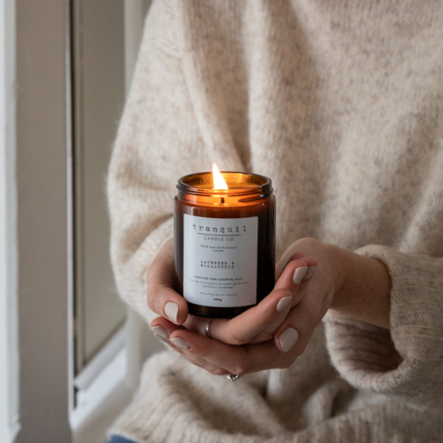 Amber Glass Candle in Box - Lavender & Eucalyptus